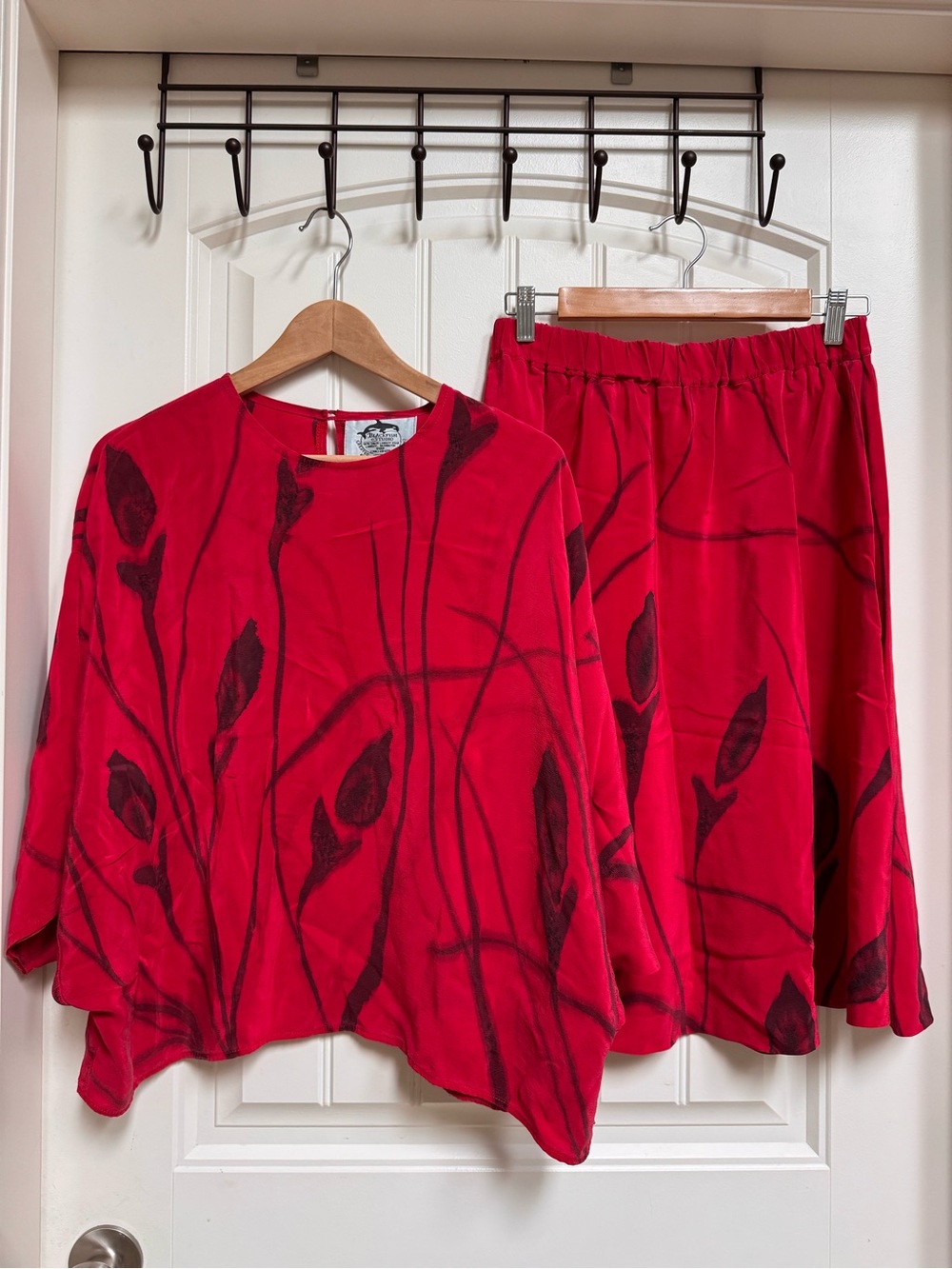 Hand Painted Handmade Red Floral Silk Blouse and Skirt Set. O/S